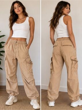 TNA Beige Cargo Jogger Pants